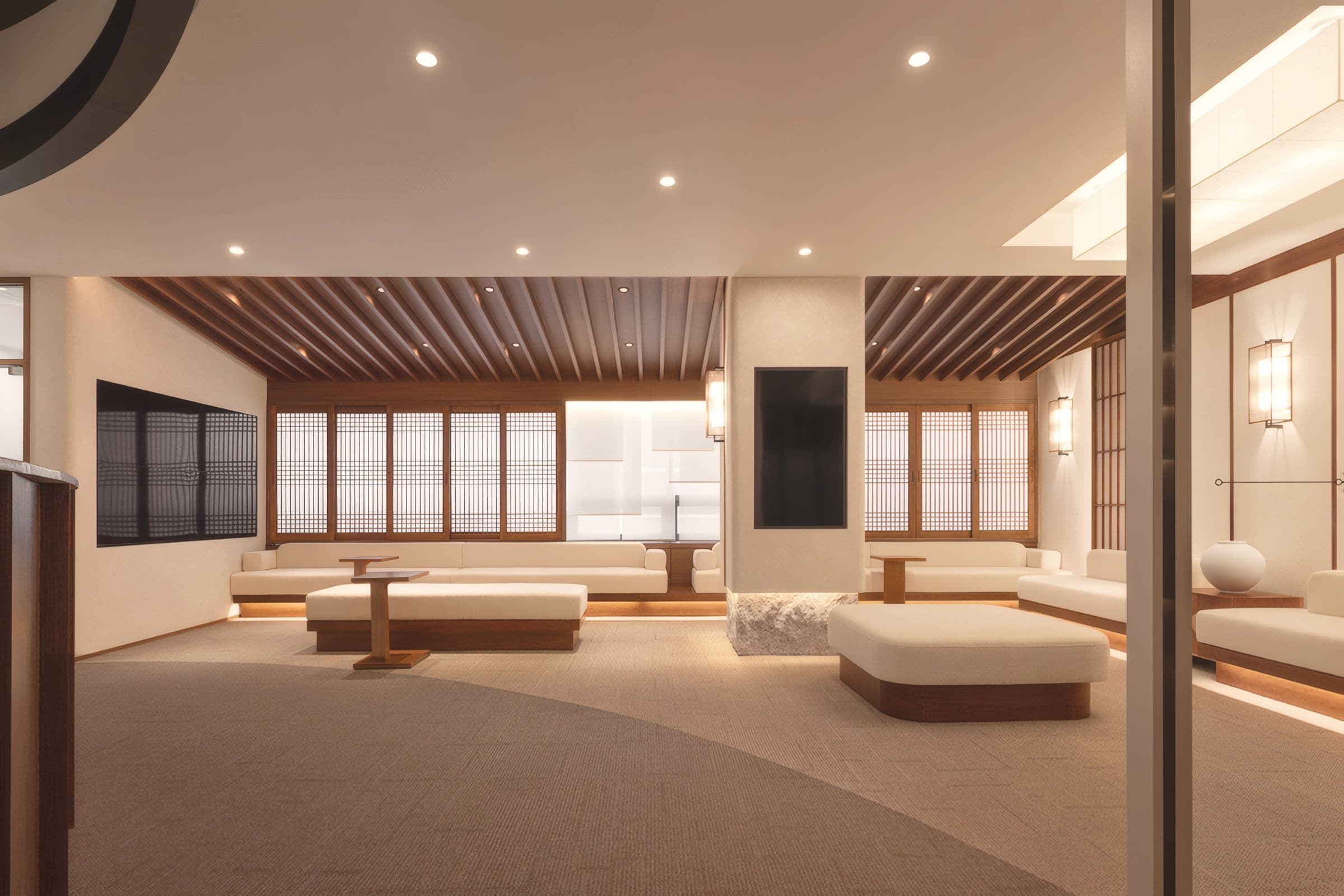 Lattice windows, timber ceiling and cream lounge seating at 4EVER162 Hongdae