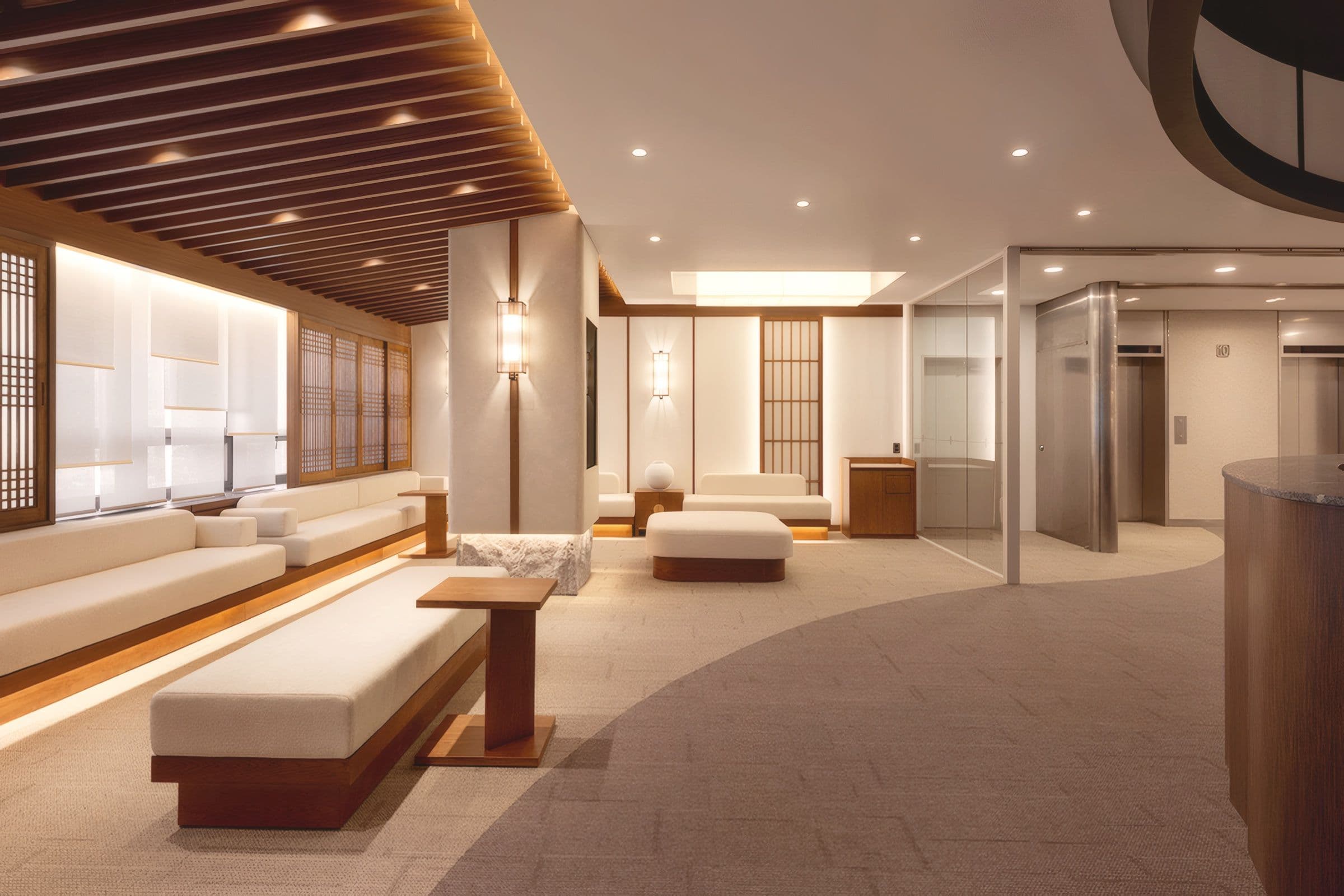 Wood-framed lounge seating and soft light inside 4EVER162 in Hongdae